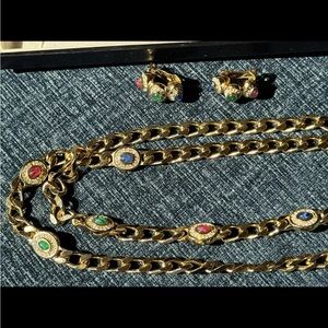 Christian Dior 🌟 Vtg 1980s “Gold Tone” Chain Knot Link Matching Set W Gemstones